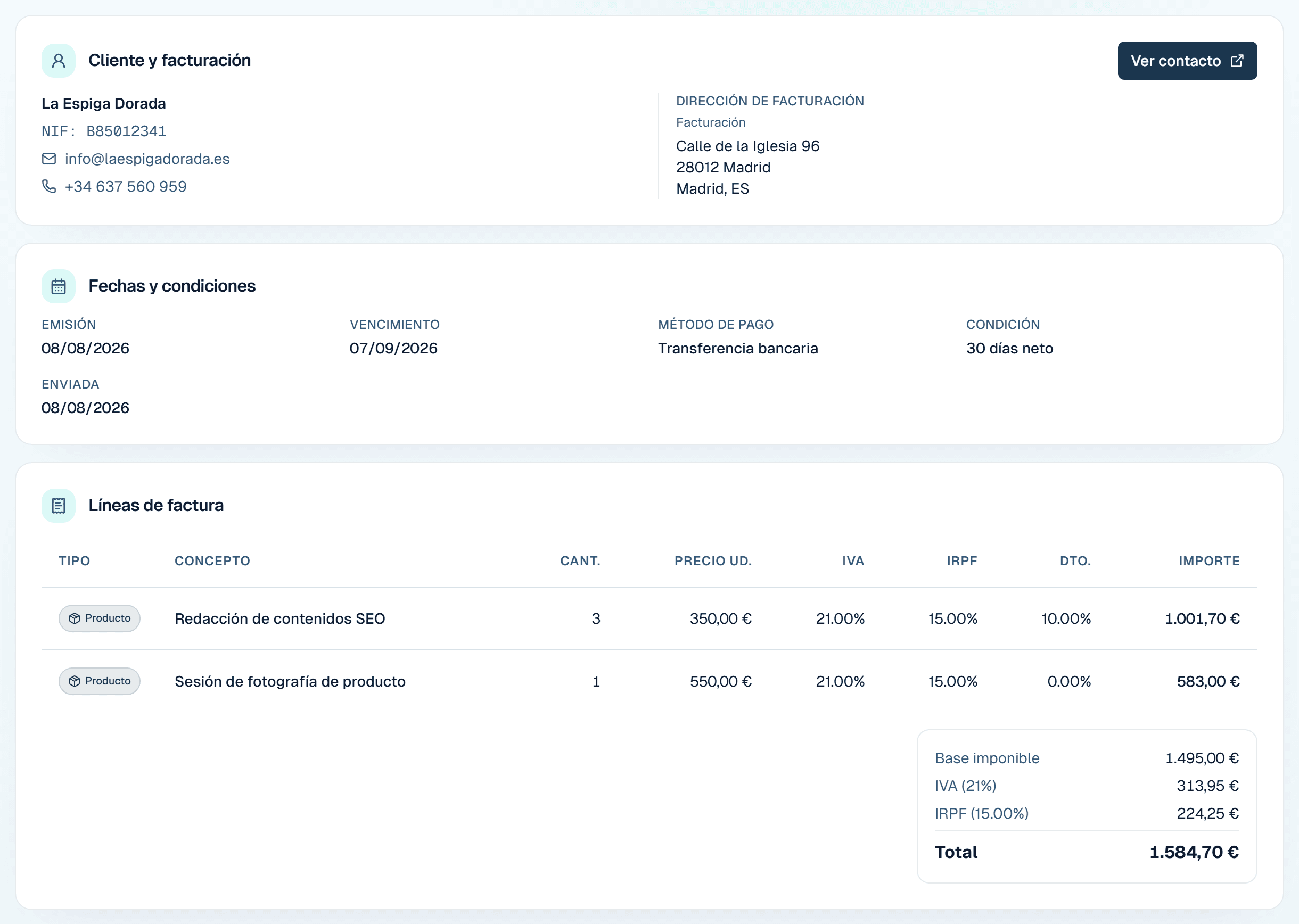 Detalle de una factura en Carmin ERP: cliente, fechas y condiciones, líneas de factura y totales con IVA e IRPF