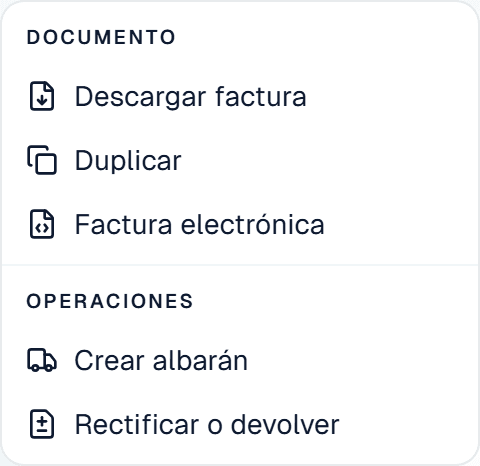Menú de acciones de una factura en Carmin ERP con la opción «Factura electrónica»