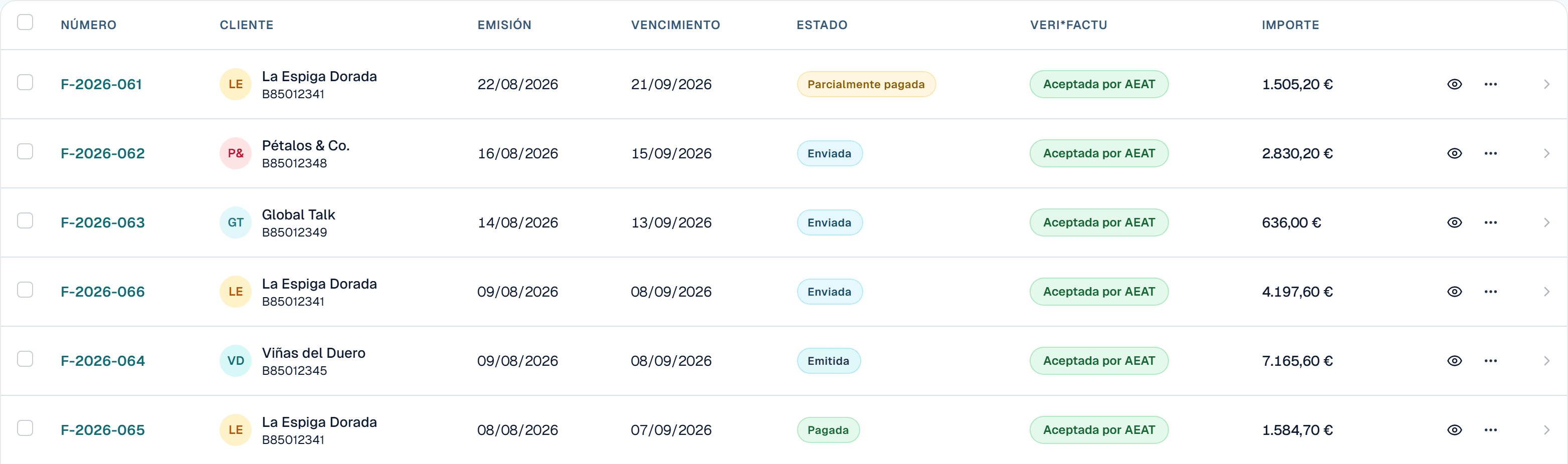 Listado de facturas de Carmin ERP con la columna VERI*FACTU y el estado «Aceptada por AEAT» en cada factura