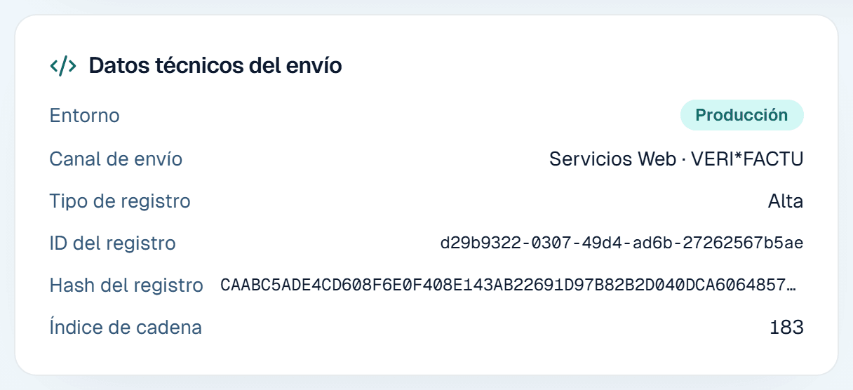 Datos técnicos del envío VERI*FACTU en Carmin ERP: entorno, canal de envío, tipo de registro, huella e índice de cadena