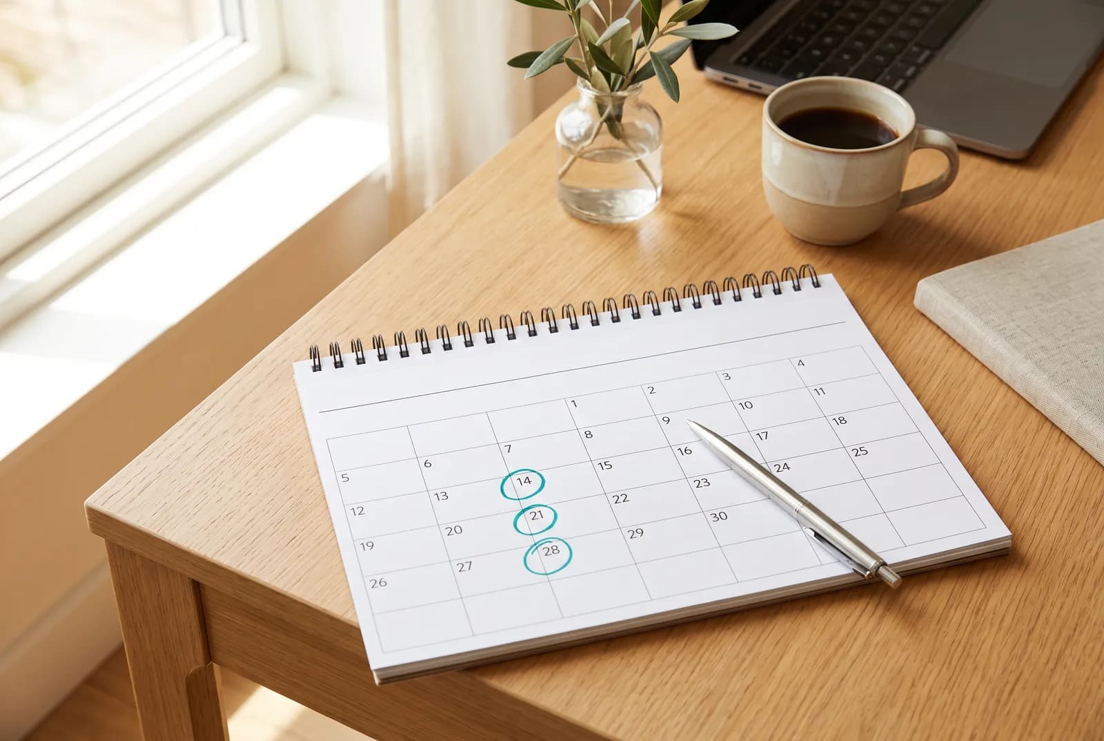 Calendario de mesa con varias fechas marcadas junto a un café
