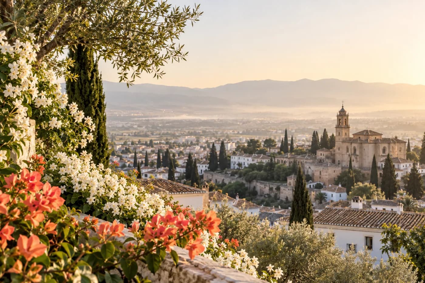 Vista de una ciudad mediterránea entre flores al amanecer
