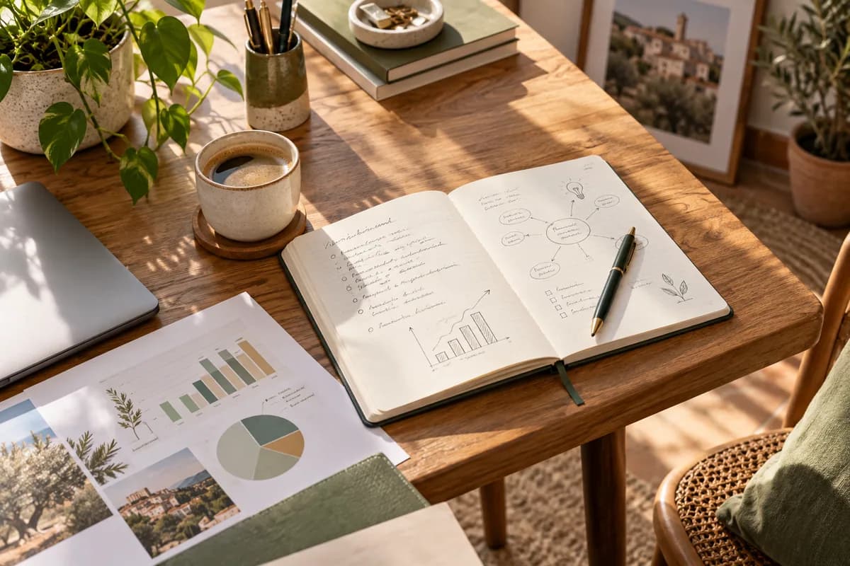 Cuaderno de planificación, café y gráficos sobre una mesa de trabajo