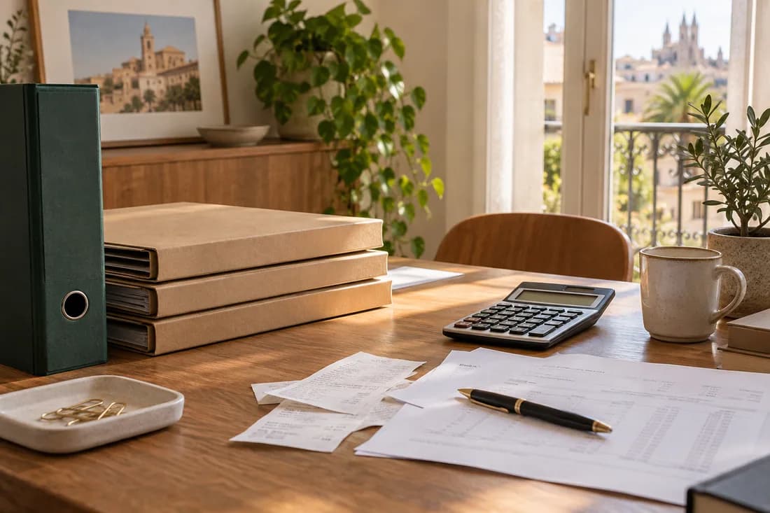 Carpetas y documentos fiscales organizados en una mesa de trabajo