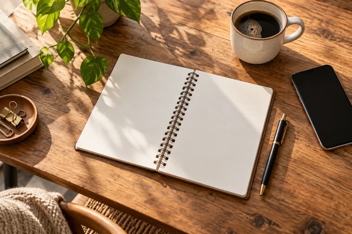 Cuaderno abierto junto a un café y un móvil en una mesa de trabajo