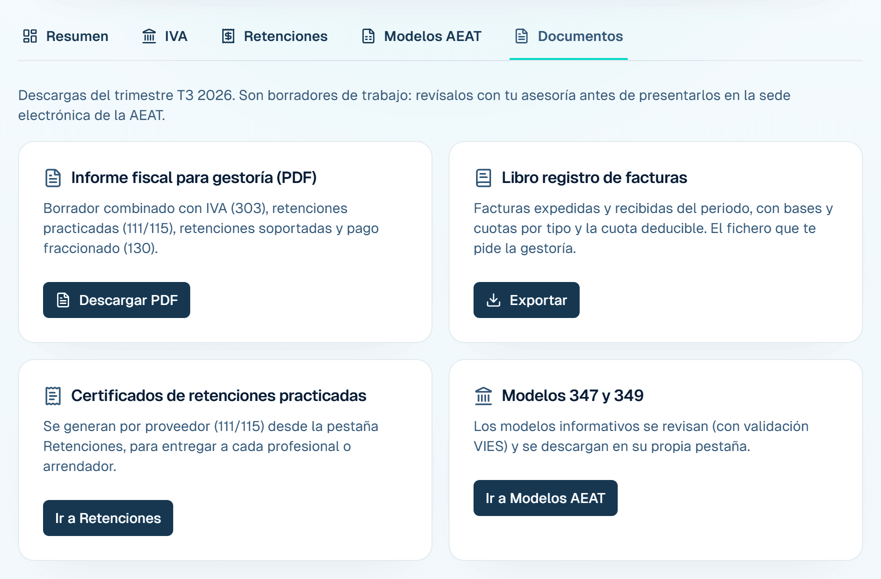 Pestaña Documentos de Fiscalidad en Carmin ERP: informe fiscal para gestoría en PDF, libro registro de facturas, certificados de retenciones practicadas y modelos 347 y 349