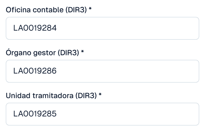 Ficha de un cliente de la Administración pública en Carmin ERP con los códigos DIR3 de oficina contable, unidad tramitadora y órgano gestor