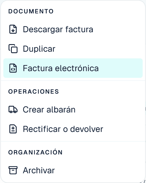 Menú Más acciones de una factura en Carmin ERP con las opciones Factura electrónica, Crear albarán y Rectificar o devolver