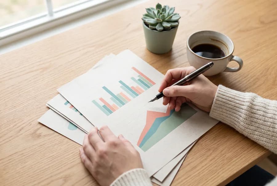 Manos revisando informes impresos con gráficas de barras