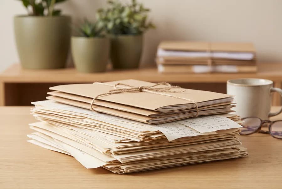 Pila de facturas, tickets y carpetas sobre un escritorio