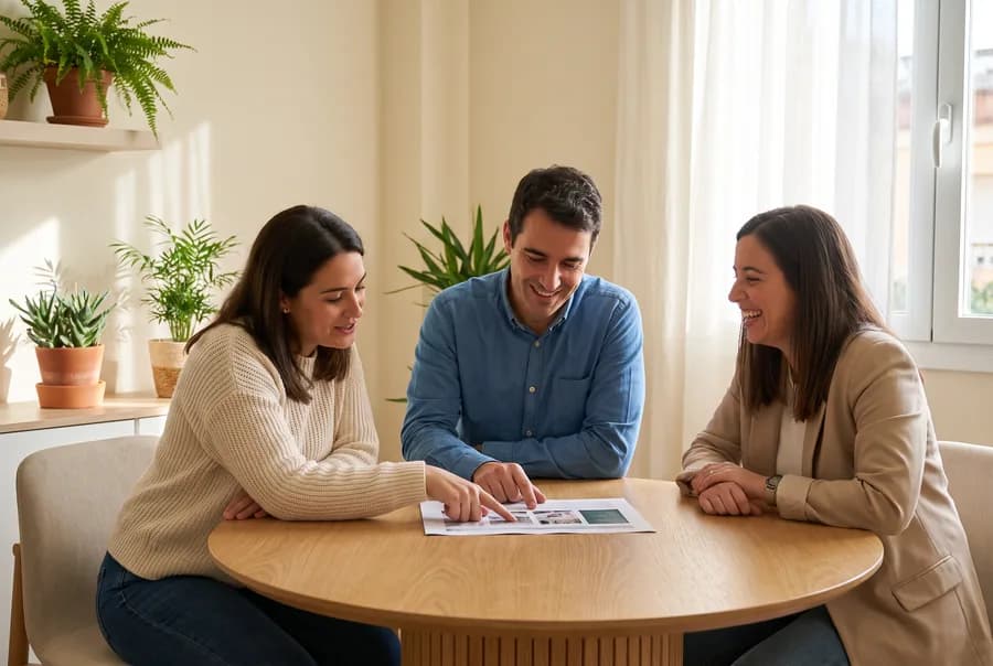Tres compañeros de trabajo revisando un documento en una mesa de oficina