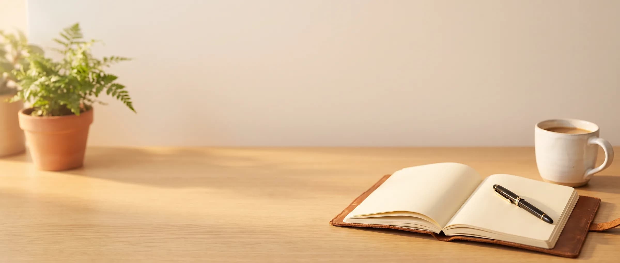 Escritorio de madera con una libreta abierta, una pluma y una taza de café