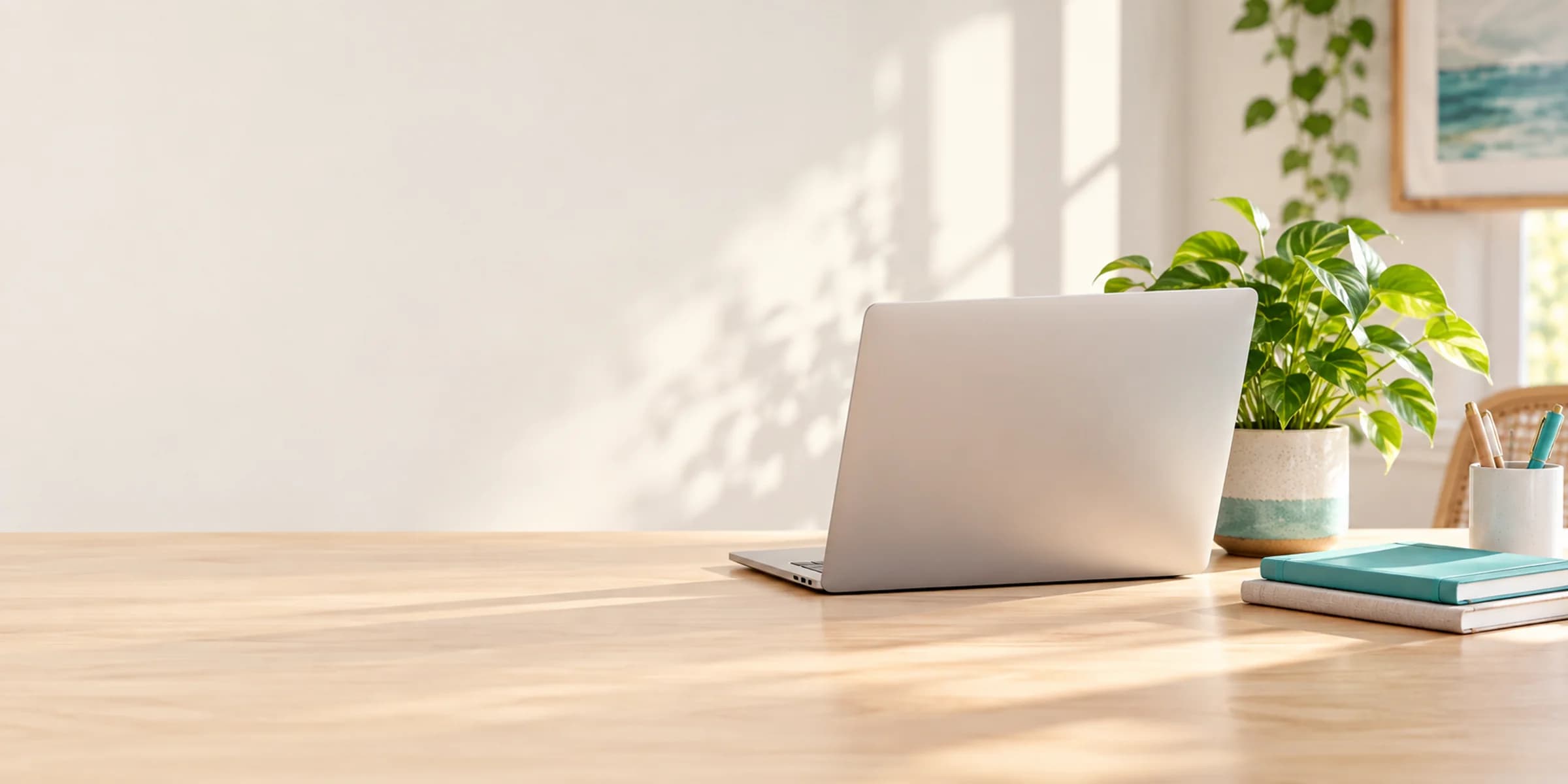 Portátil visto por detrás en un escritorio luminoso con planta y cuadernos