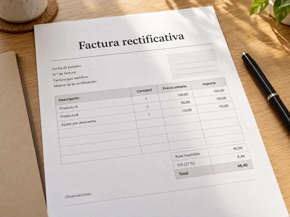 Factura rectificativa ilustrativa sobre un escritorio