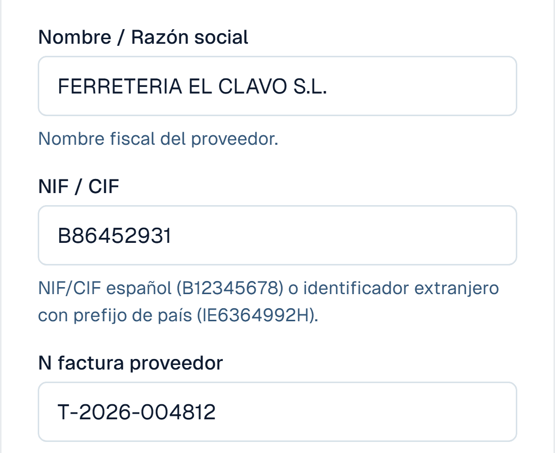Campos del proveedor y número de ticket leídos en Carmin ERP