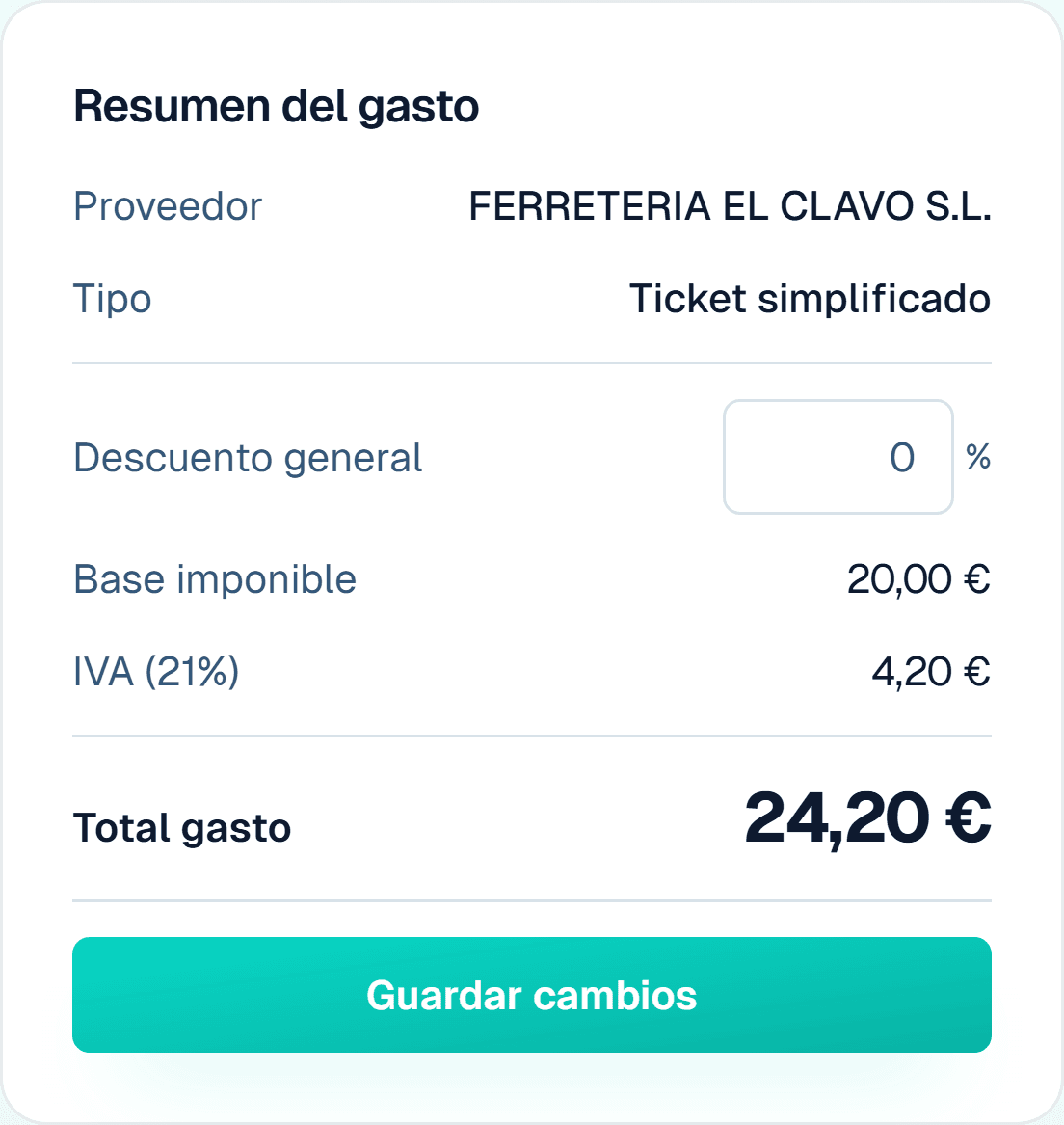 Resumen real de un gasto leído por OCR en Carmin ERP, listo para revisar antes de guardar