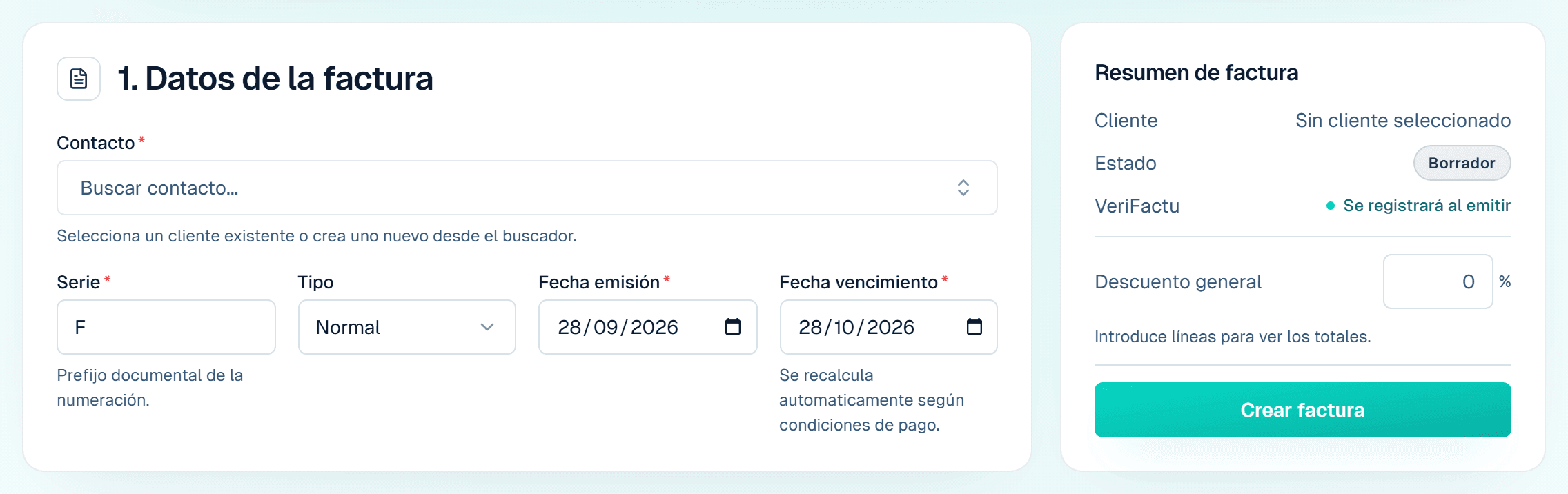 Formulario de nueva factura de Carmin ERP con el cliente, las fechas de emisión y vencimiento y el resumen