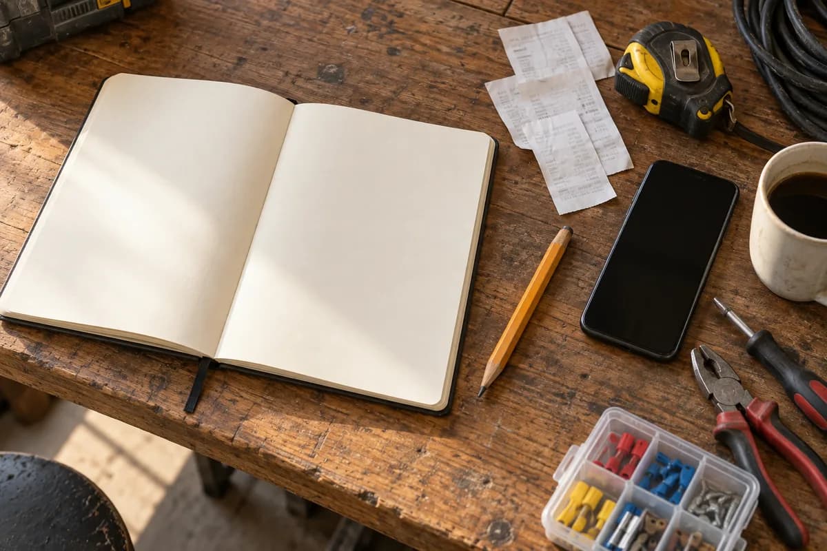 Mesa de trabajo con cuaderno, tickets, móvil y herramientas